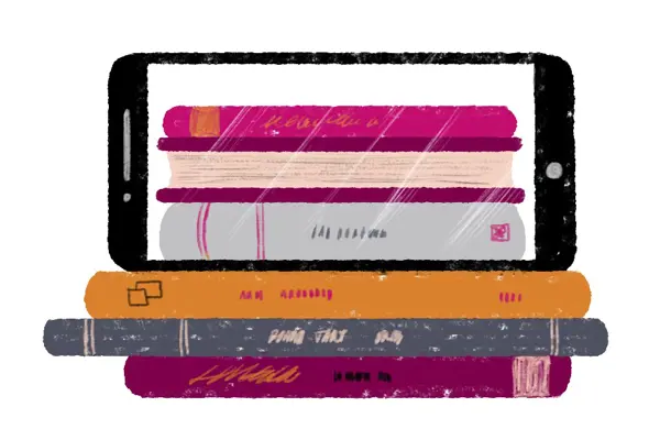 En hög med böcker. På högen står en telefon, med en hög med böcker som syns på skärmen. Illustration.