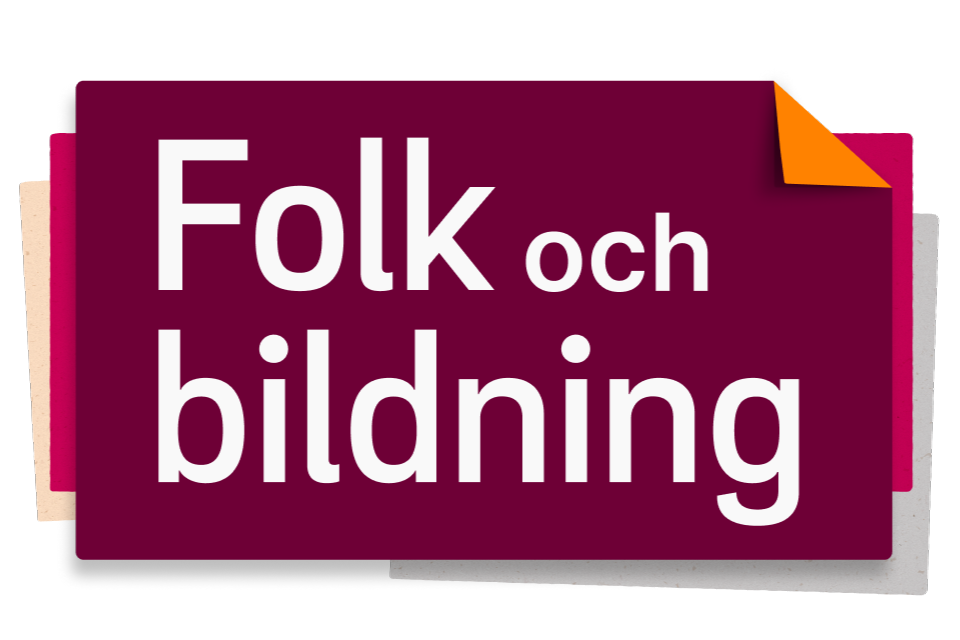 Logotyp Folk och bildning. Vit text på mörkt rosa platta med färgade lappar i bakgrunden.