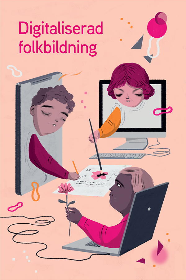 Illustration av personer som sitter ihop med digitala skärmar och som sträcker ut armarna och målar.
