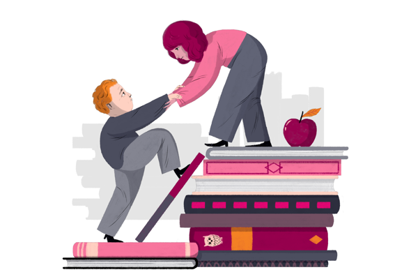 Två personer på en bokhög, en person hjälper den andra att klättra upp.