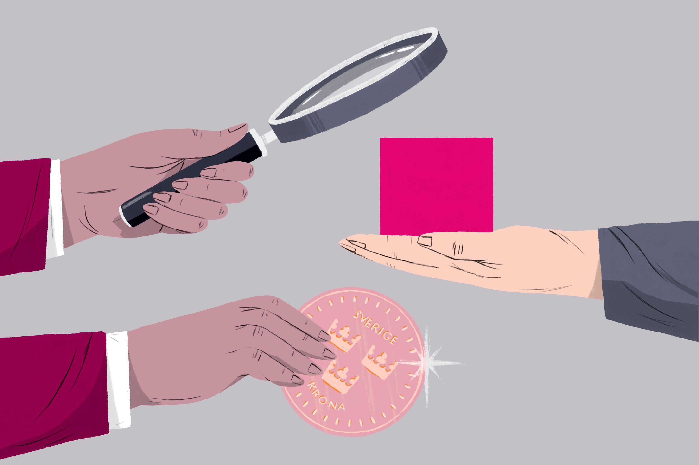 En illustration med en hand som håller en rosa kub som blir granskad med ett förstoringsglas, i utbyte mot ett mynt.