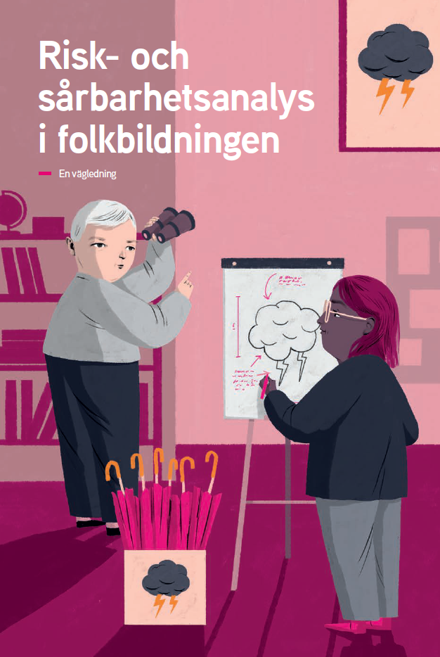 Omslag till vägledningsmaterialet Risk- och sårbarhetsanalys. Illustratör Emma Hanquist